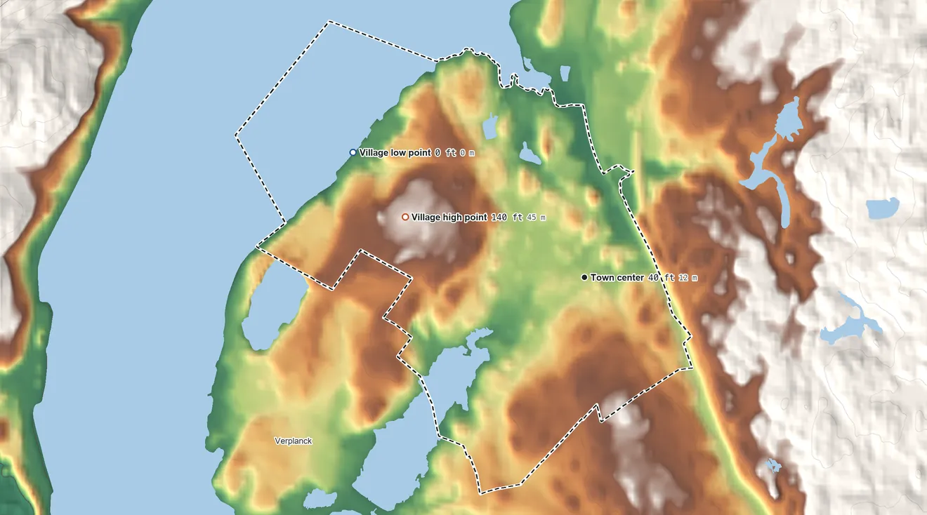 Topographic elevation map of Buchanan, New York, shaded from 0 ft on the northwest side to 140 ft on Washington Hill