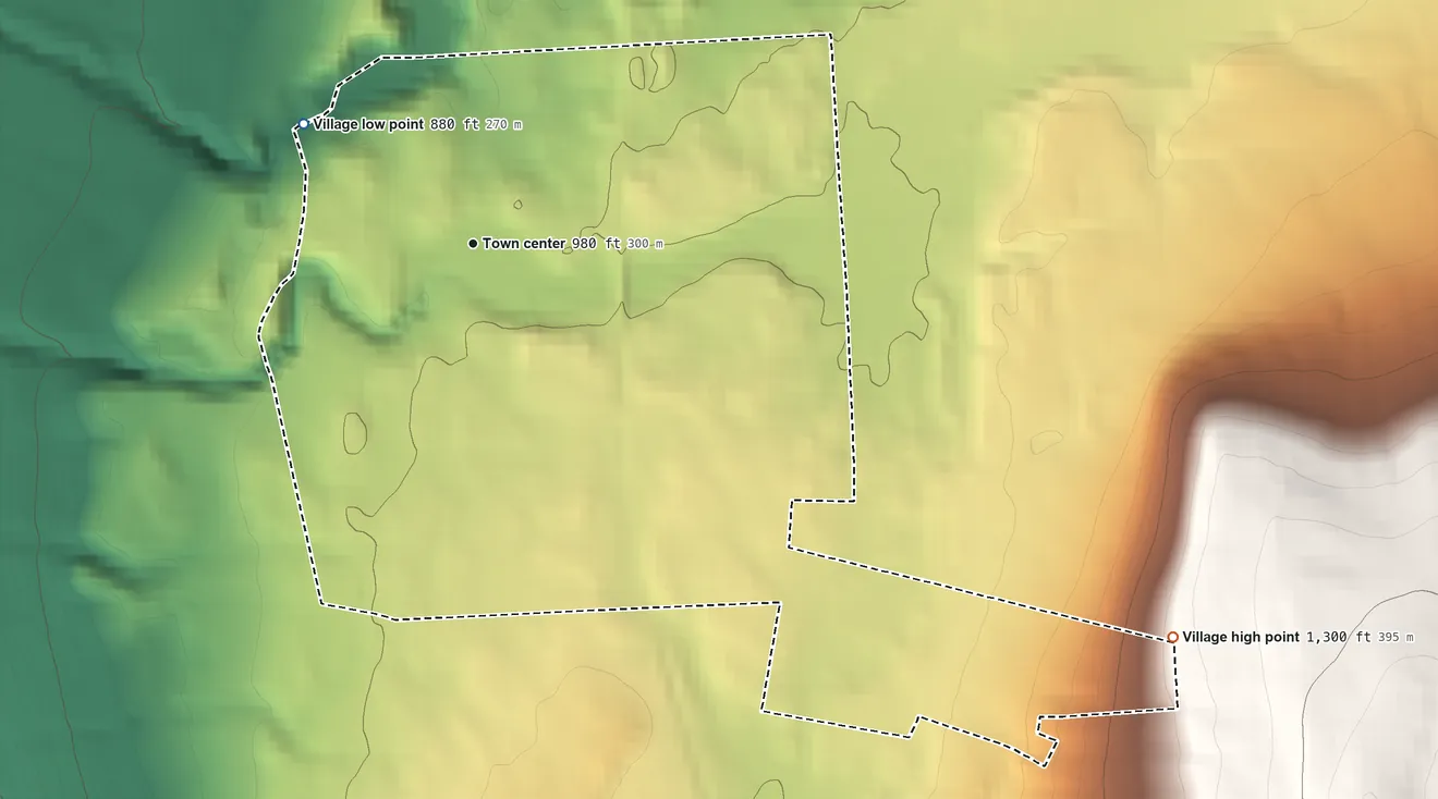 Topographic elevation map of Burdett, New York, shaded from 880 ft on the northwest side to 1,300 ft on the southeast edge, below higher ground just outside