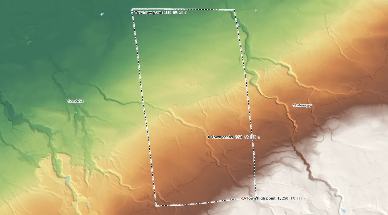 Topographic elevation map of Burke, New York, shaded from 250 ft on the northwest side to 1,250 ft on the southeast side