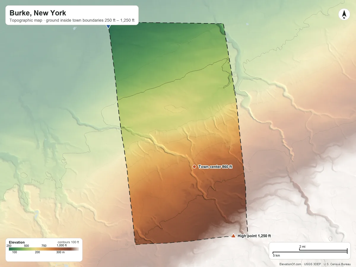Topographic elevation map of Burke, New York, shaded from 250 ft on the northwest side to 1,250 ft on the southeast side