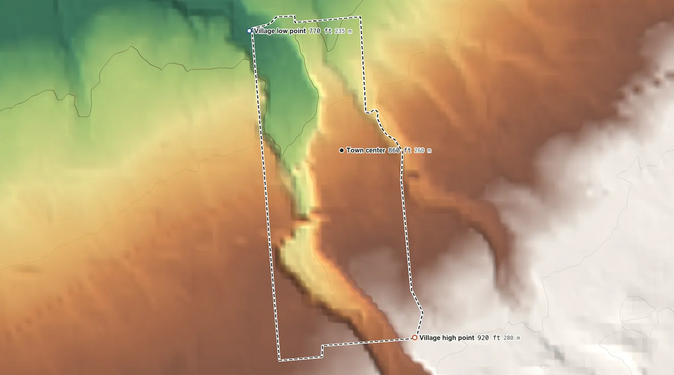 Topographic elevation map of Village of Burke, New York, shaded from 770 ft on the northwest side to 920 ft on the south side
