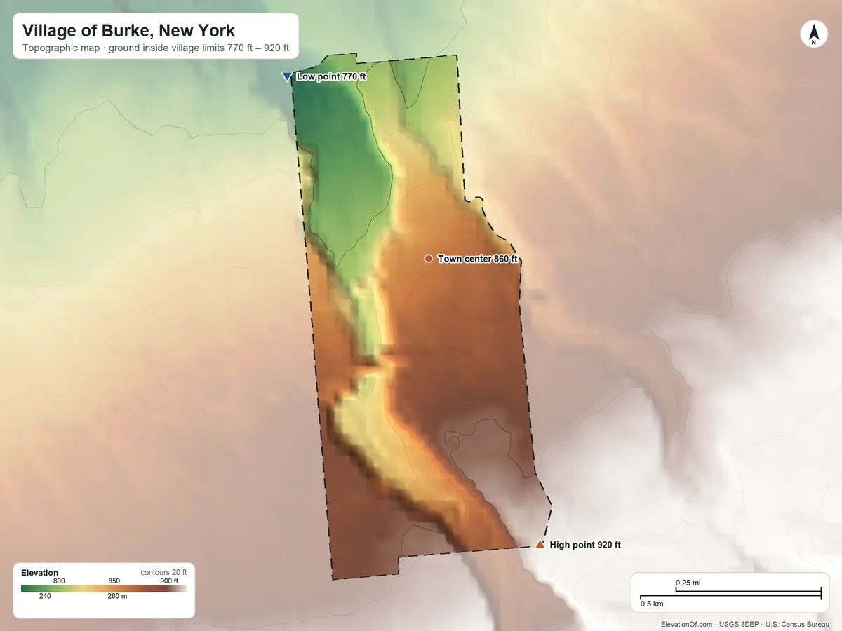 Topographic elevation map of Village of Burke, New York, shaded from 770 ft on the northwest side to 920 ft on the south side