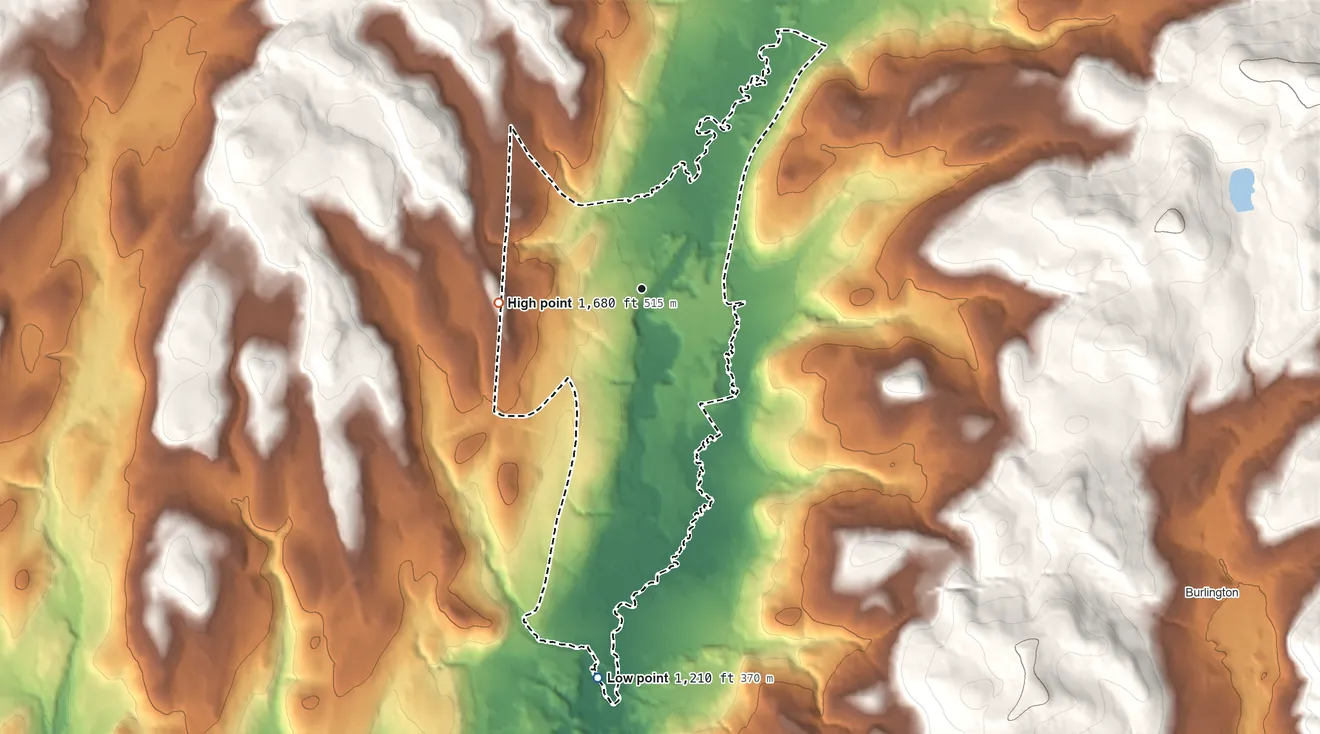 Topographic elevation map of Burlington Flats, New York, shaded from 1,210 ft on the south side to 1,680 ft on the west side