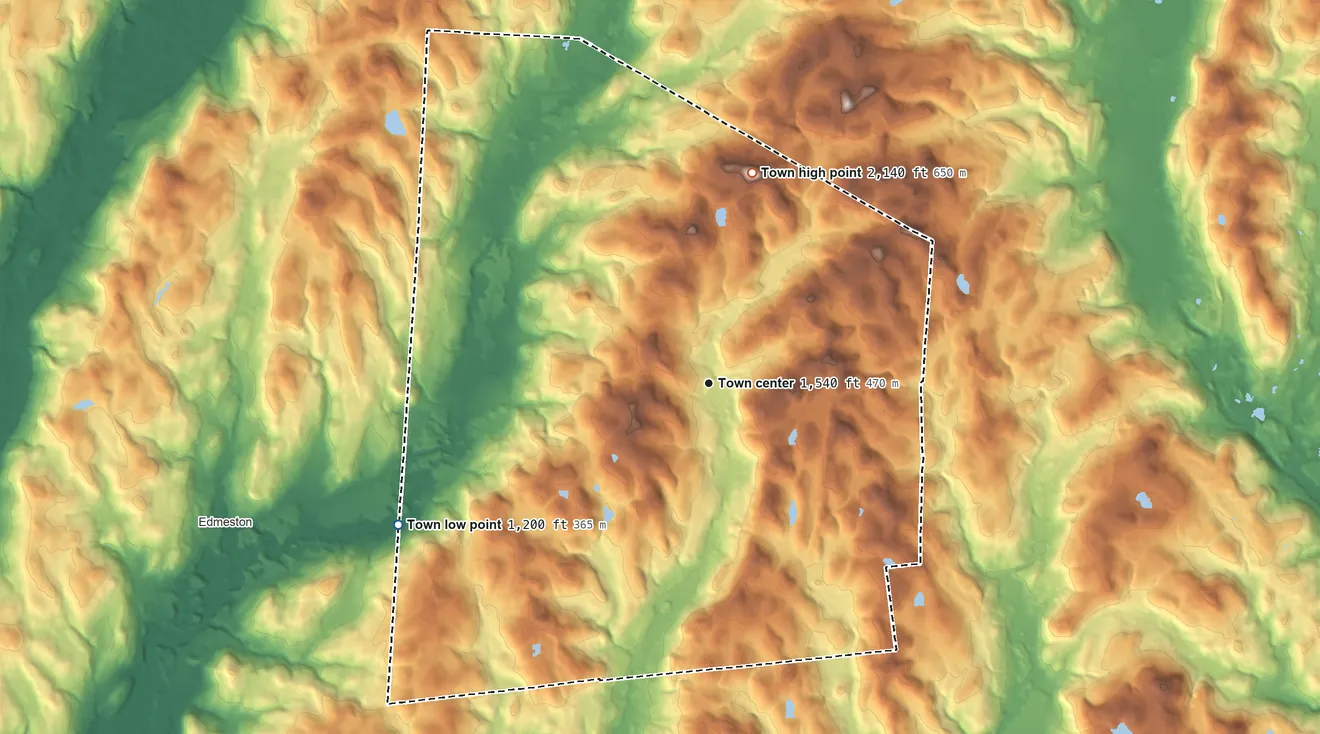 Topographic elevation map of Burlington, New York, shaded from 1,200 ft on the southwest side to 2,140 ft on the north side