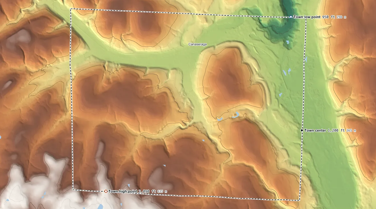Topographic elevation map of Burns, New York, shaded from 950 ft on the north side to 2,090 ft on the west side
