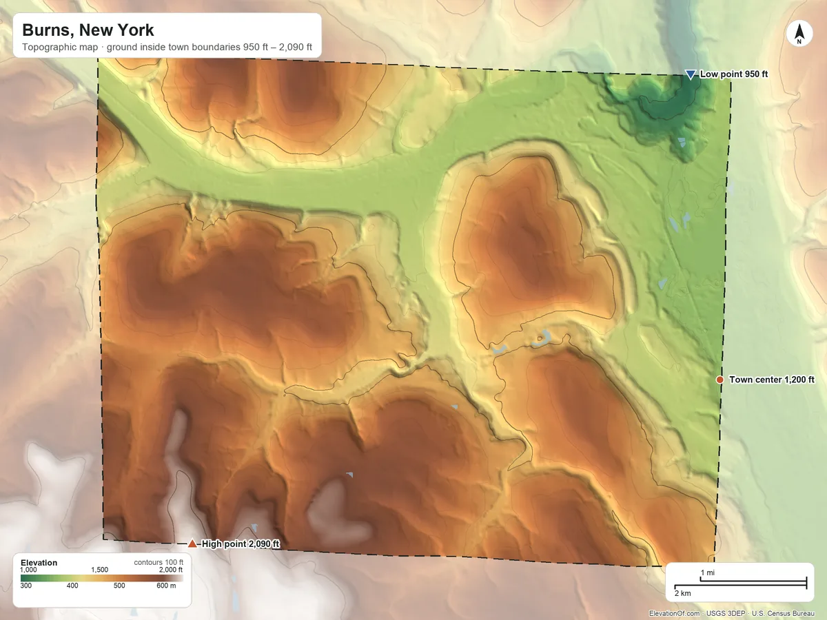 Topographic elevation map of Burns, New York, shaded from 950 ft on the north side to 2,090 ft on the west side