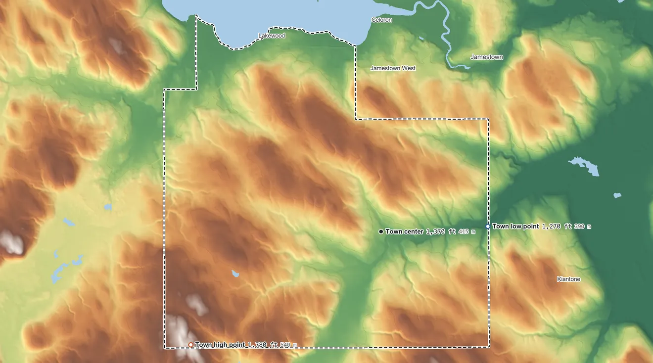 Topographic elevation map of Busti, New York, shaded from 1,270 ft on the east side to 1,780 ft on the southwest side