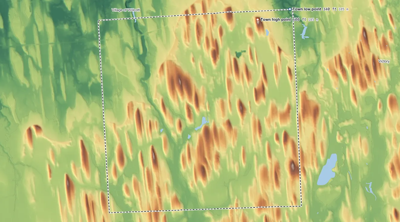 Topographic elevation map of Butler, New York, shaded from 340 ft on the northeast side to 600 ft on Cuddeback Hill