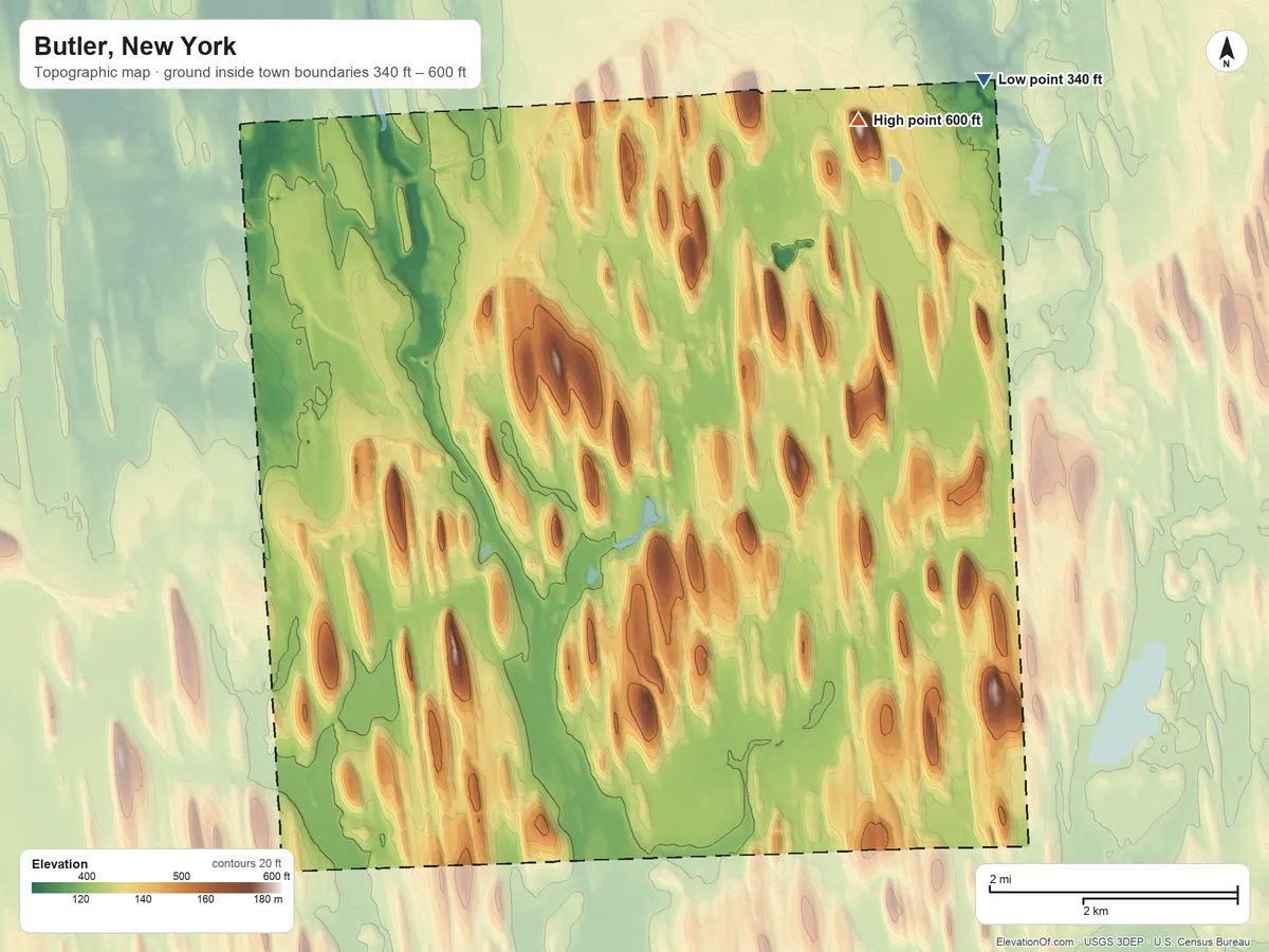 Topographic elevation map of Butler, New York, shaded from 340 ft on the northeast side to 600 ft on Cuddeback Hill