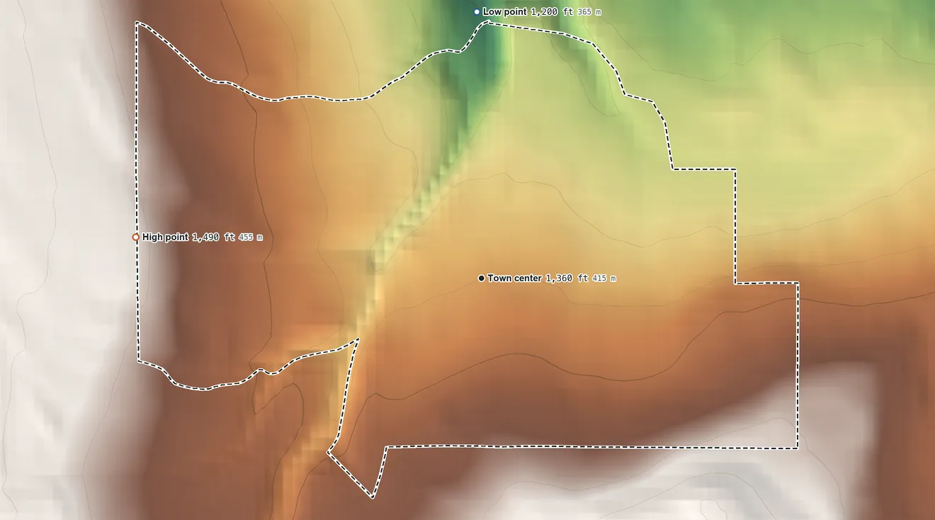 Topographic elevation map of Byersville, New York, shaded from 1,200 ft on the north side to 1,490 ft on the west edge, below higher ground just outside