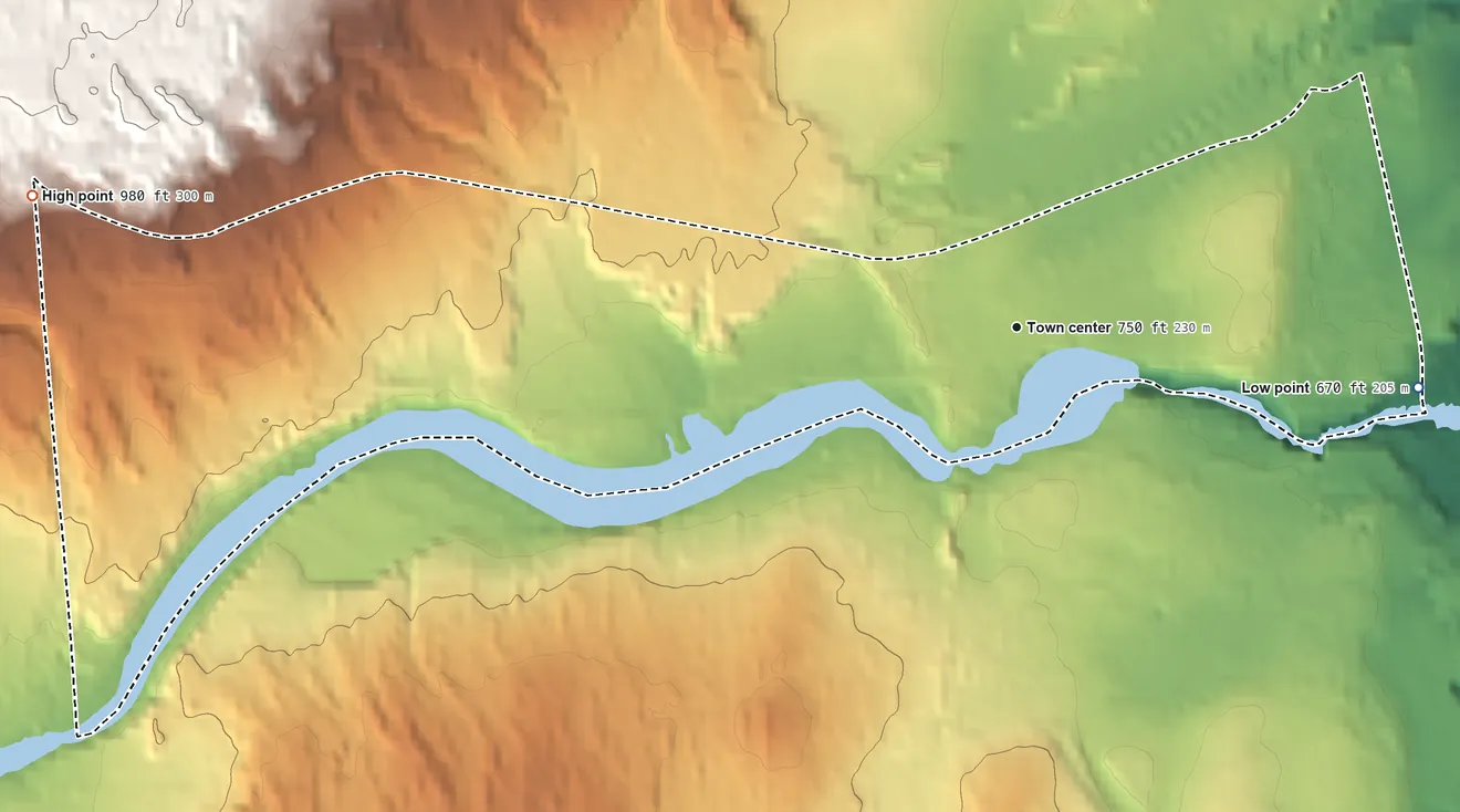 Topographic elevation map of Cadyville, New York, shaded from 670 ft on the east side to 980 ft on the west side