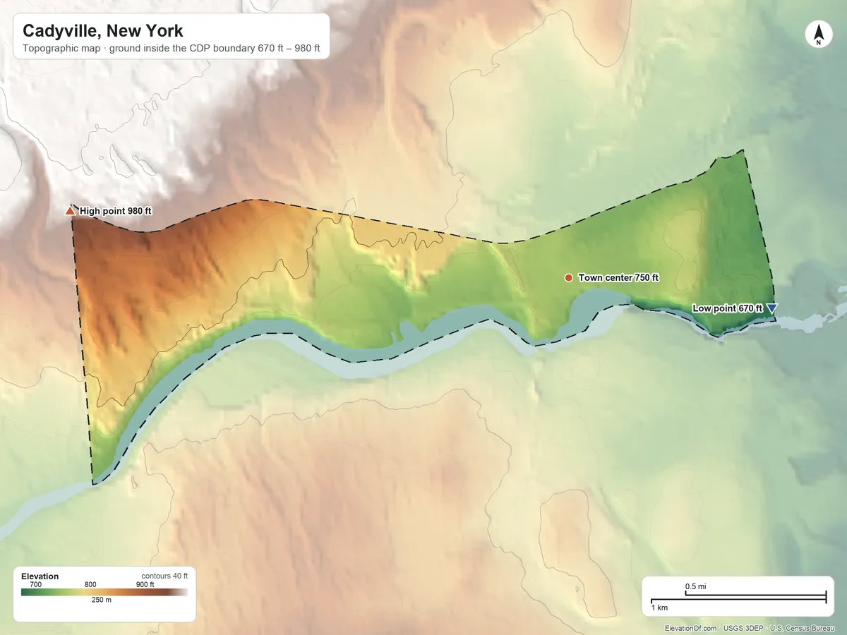Topographic elevation map of Cadyville, New York, shaded from 670 ft on the east side to 980 ft on the west side