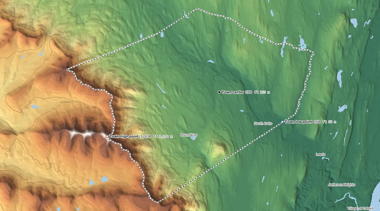 Topographic elevation map of Cairo, New York, shaded from 160 ft on the southeast side to 3,930 ft on Blackhead