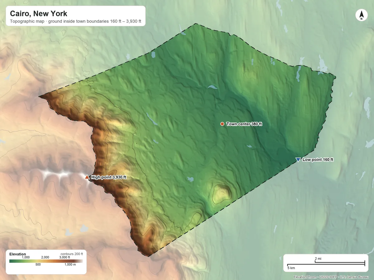 Topographic elevation map of Cairo, New York, shaded from 160 ft on the southeast side to 3,930 ft on Blackhead
