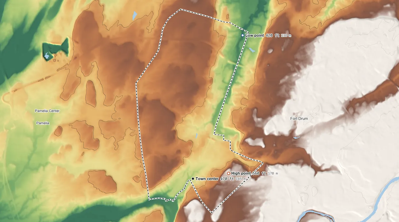 Topographic elevation map of Calcium, New York, shaded from 420 ft on the north side to 560 ft on the east side