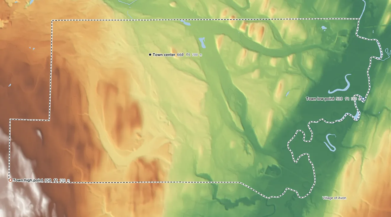Topographic elevation map of Caledonia, New York, shaded from 520 ft on the east side to 950 ft on the southwest side