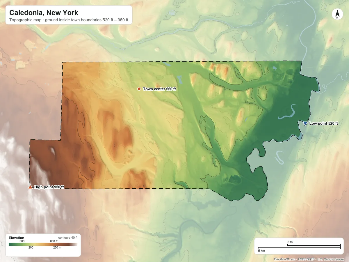 Topographic elevation map of Caledonia, New York, shaded from 520 ft on the east side to 950 ft on the southwest side