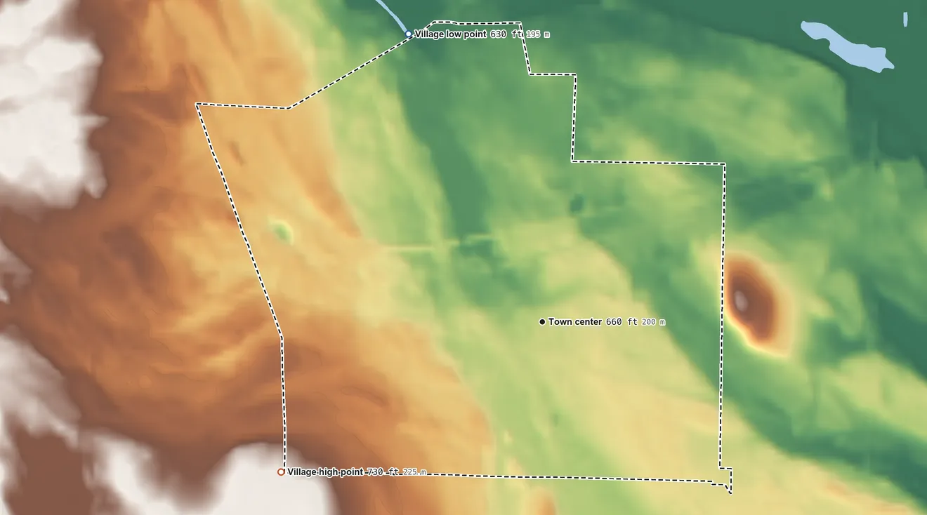 Topographic elevation map of Village of Caledonia, New York, shaded from 630 ft on the northwest side to 730 ft on the southwest side