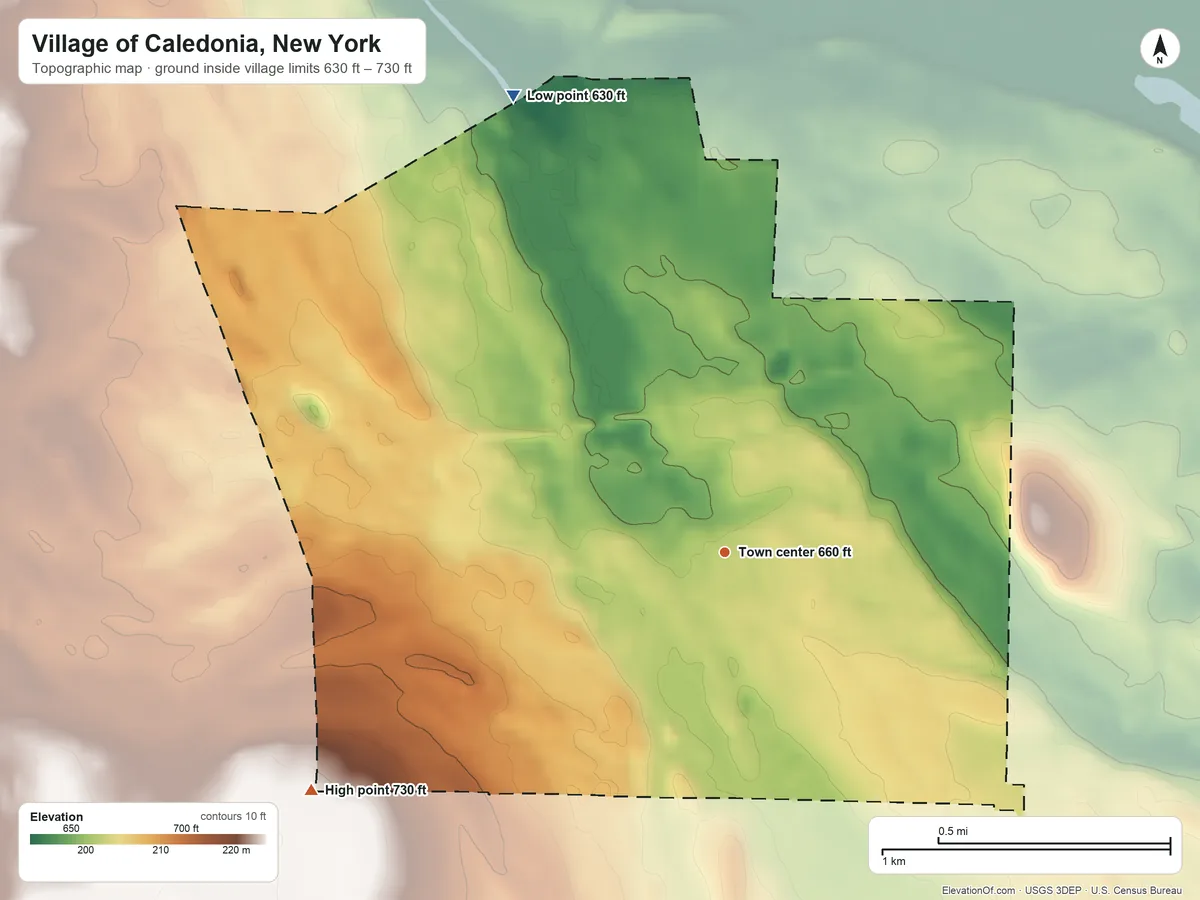 Topographic elevation map of Village of Caledonia, New York, shaded from 630 ft on the northwest side to 730 ft on the southwest side