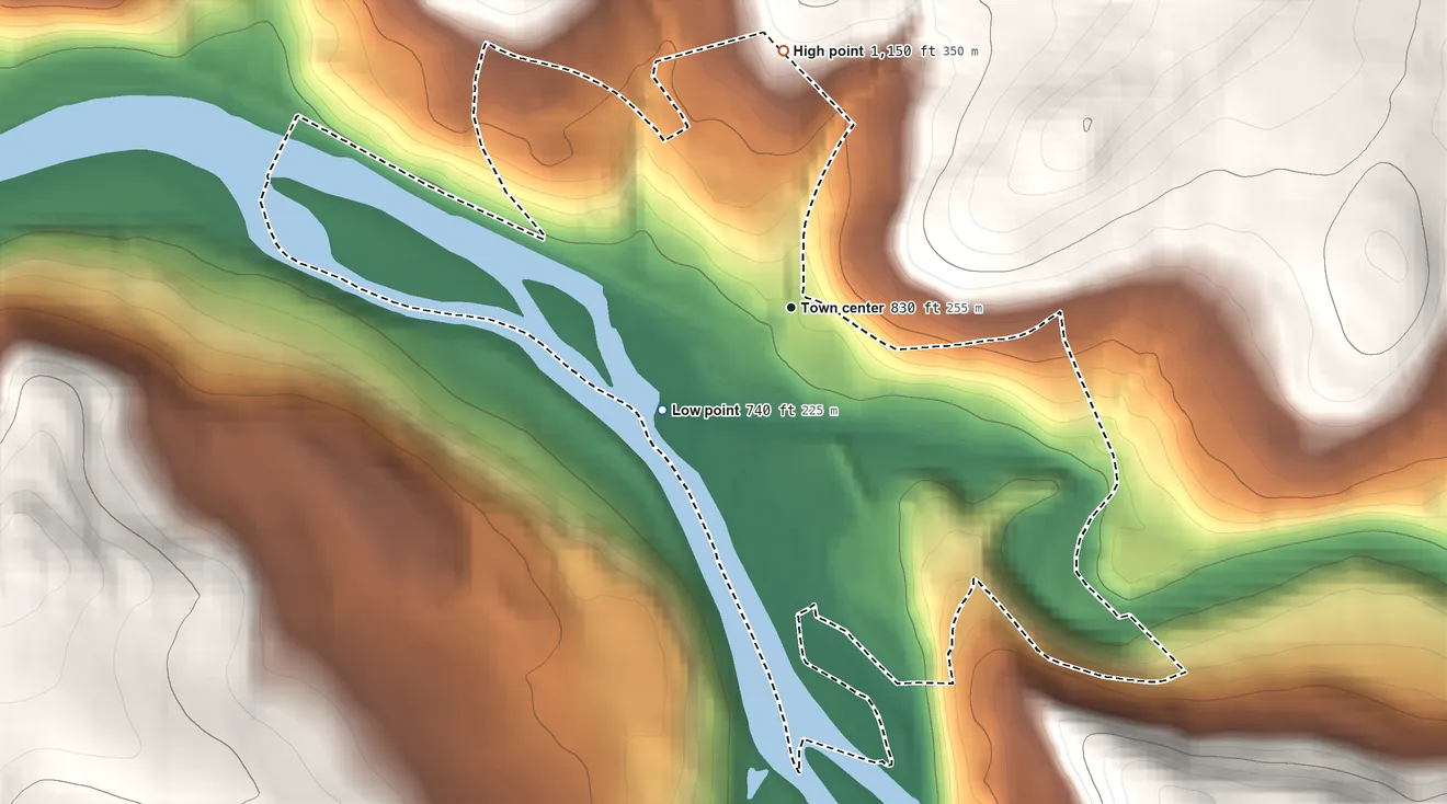 Topographic elevation map of Callicoon, Sullivan County, New York, shaded from 740 ft on the southwest side to 1,150 ft on the north edge, below higher ground just outside