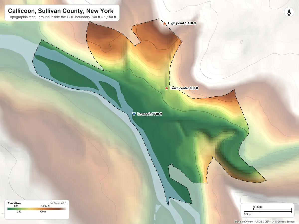 Topographic elevation map of Callicoon, Sullivan County, New York, shaded from 740 ft on the southwest side to 1,150 ft on the north edge, below higher ground just outside
