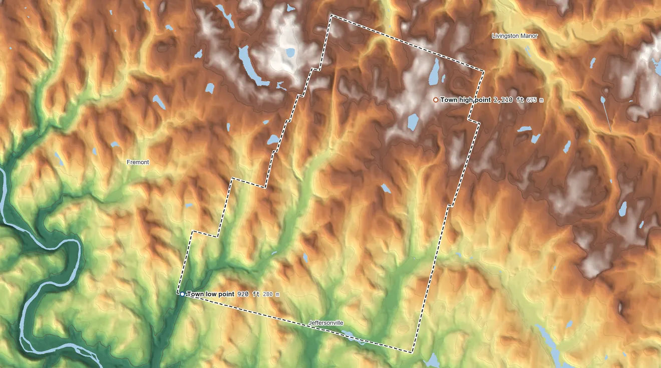 Topographic elevation map of Callicoon, New York, shaded from 920 ft on the southwest side to 2,210 ft on the northeast side
