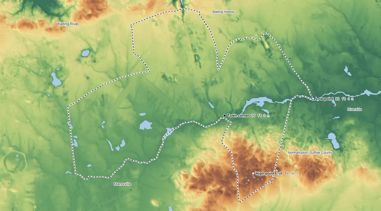 Topographic elevation map of Calverton, New York, shaded from 12 ft on the east side to 290 ft on the southeast side