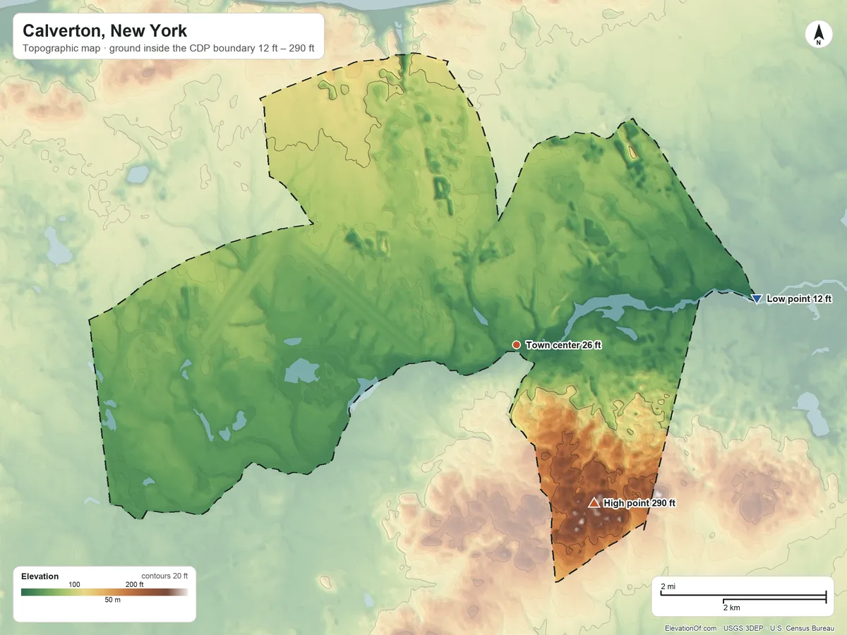 Topographic elevation map of Calverton, New York, shaded from 12 ft on the east side to 290 ft on the southeast side