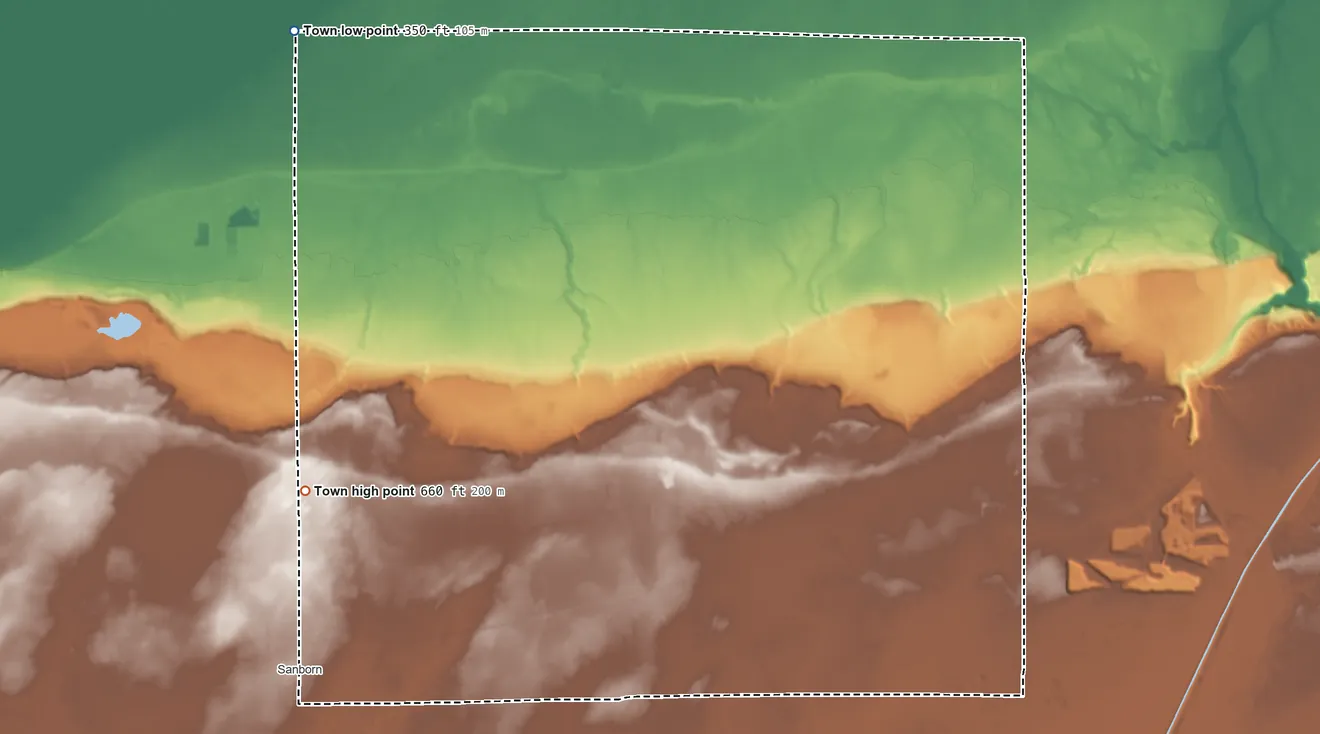 Topographic elevation map of Cambria, New York, shaded from 350 ft on the northwest side to 660 ft on the west side