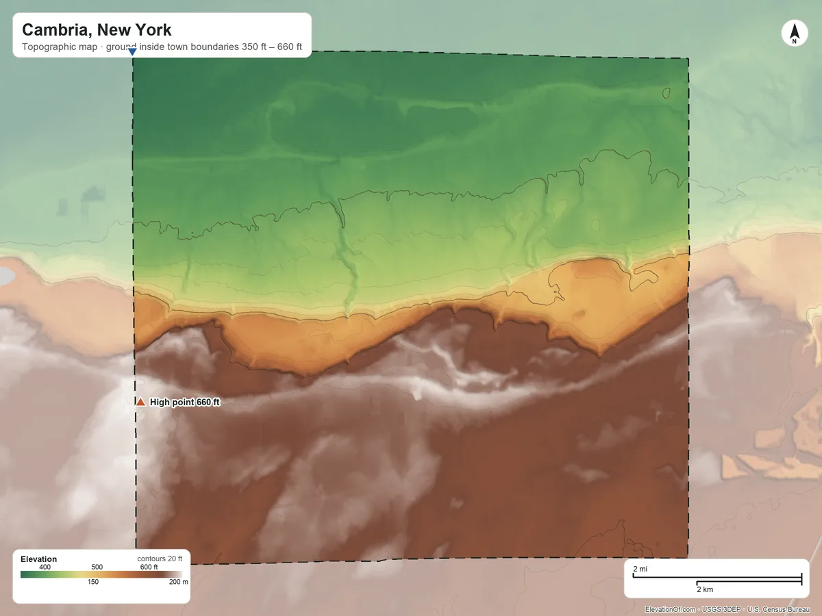 Topographic elevation map of Cambria, New York, shaded from 350 ft on the northwest side to 660 ft on the west side