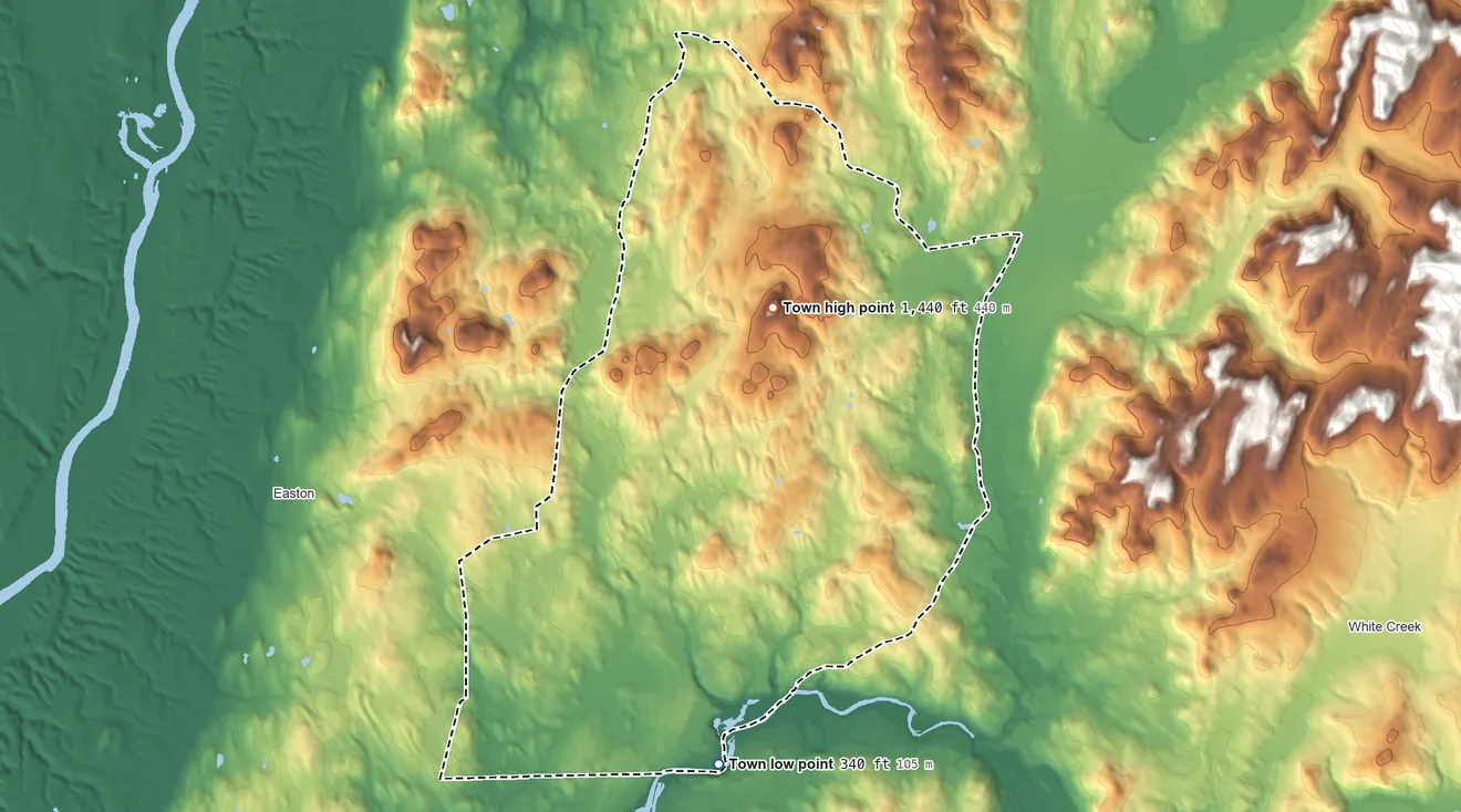 Topographic elevation map of Cambridge, New York, shaded from 340 ft on the south side to 1,440 ft on The Cobble
