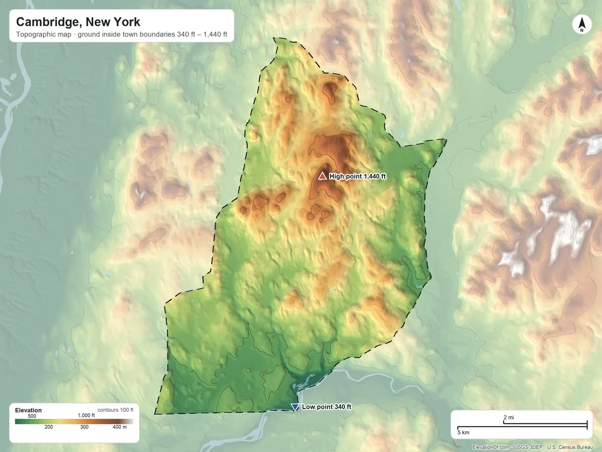 Topographic elevation map of Cambridge, New York, shaded from 340 ft on the south side to 1,440 ft on The Cobble