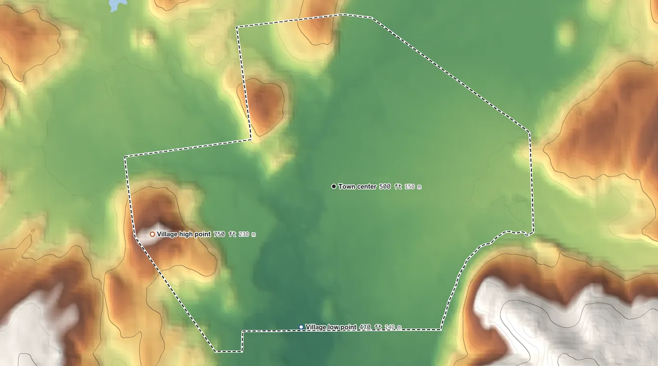 Topographic elevation map of Village of Cambridge, New York, shaded from 470 ft on the south side to 750 ft on the west edge, below higher ground just outside