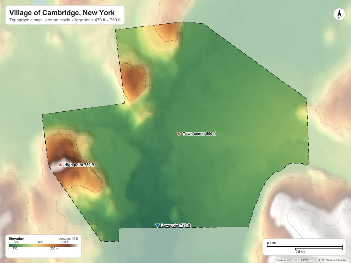Topographic elevation map of Village of Cambridge, New York, shaded from 470 ft on the south side to 750 ft on the west edge, below higher ground just outside