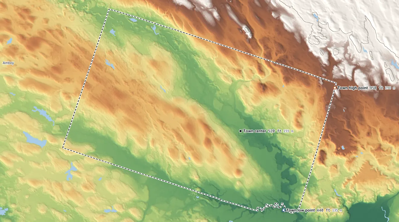 Topographic elevation map of Camden, New York, shaded from 440 ft on the southeast side to 950 ft on the northeast side