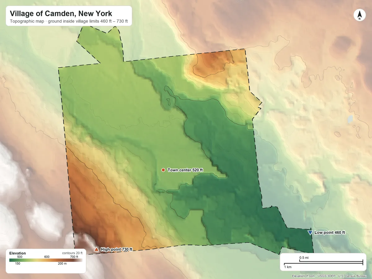 Topographic elevation map of Village of Camden, New York, shaded from 460 ft on the southeast side to 730 ft on the southwest side