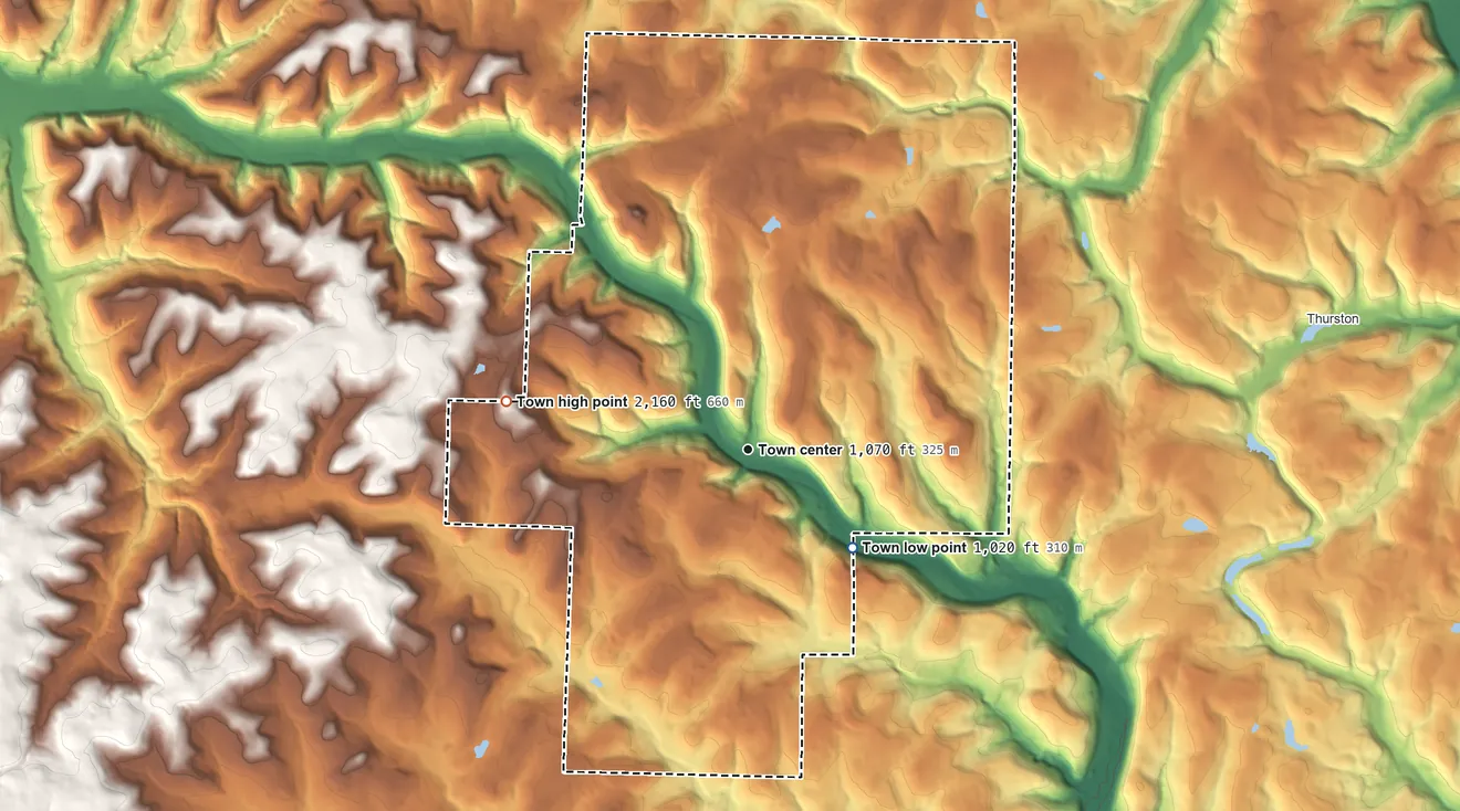 Topographic elevation map of Cameron, New York, shaded from 1,020 ft on the southeast side to 2,160 ft on the west side