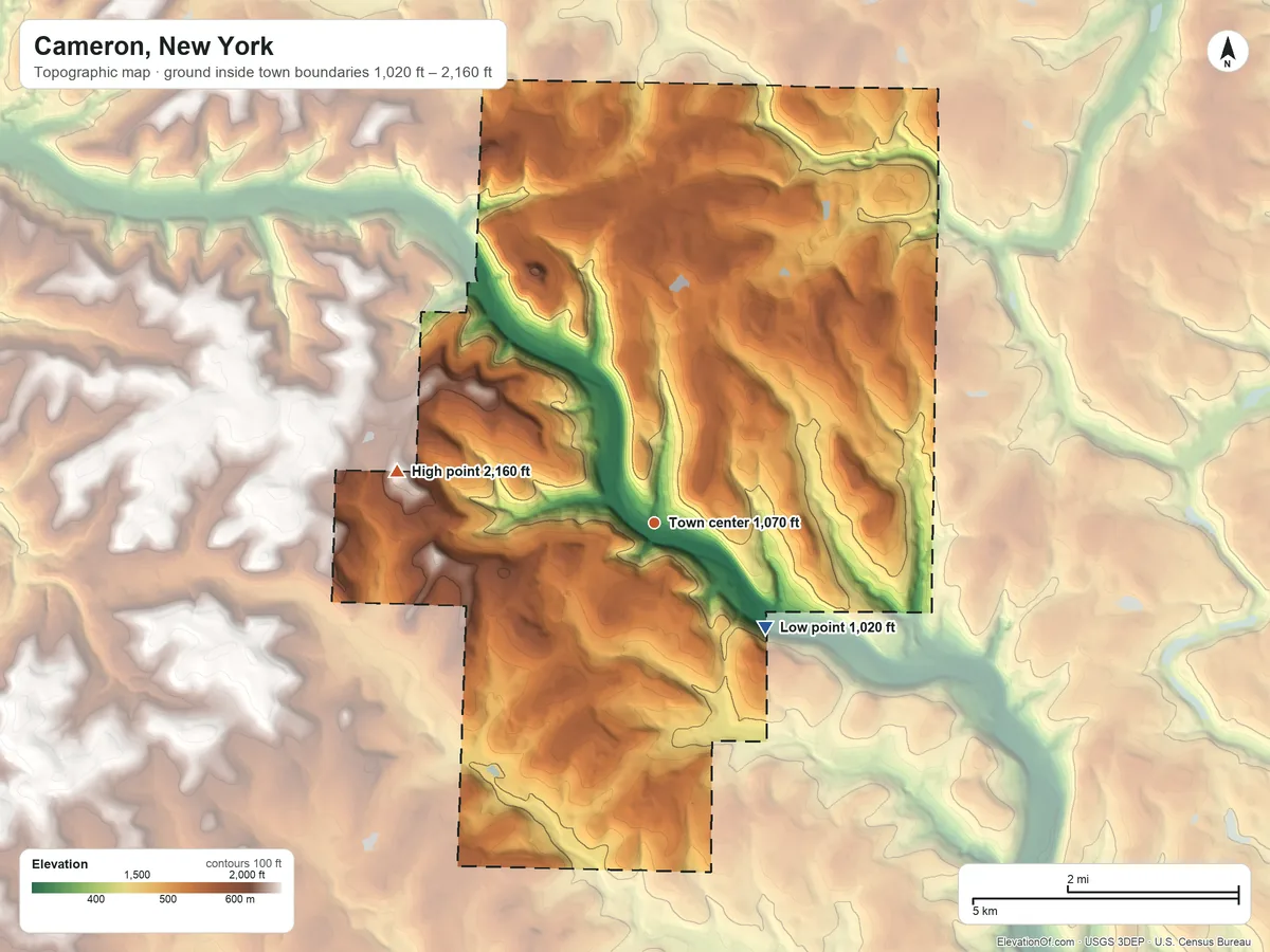 Topographic elevation map of Cameron, New York, shaded from 1,020 ft on the southeast side to 2,160 ft on the west side