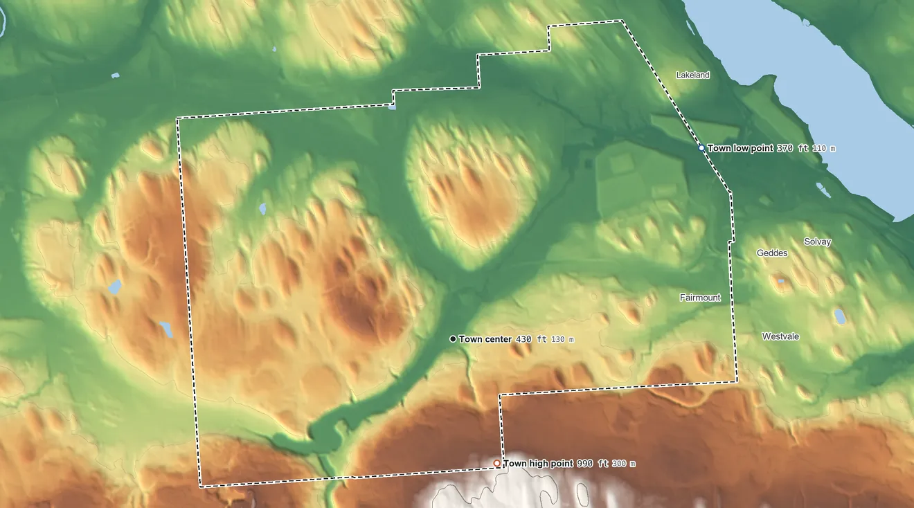 Topographic elevation map of Camillus, New York, shaded from 370 ft on the northeast side to 990 ft on the south side
