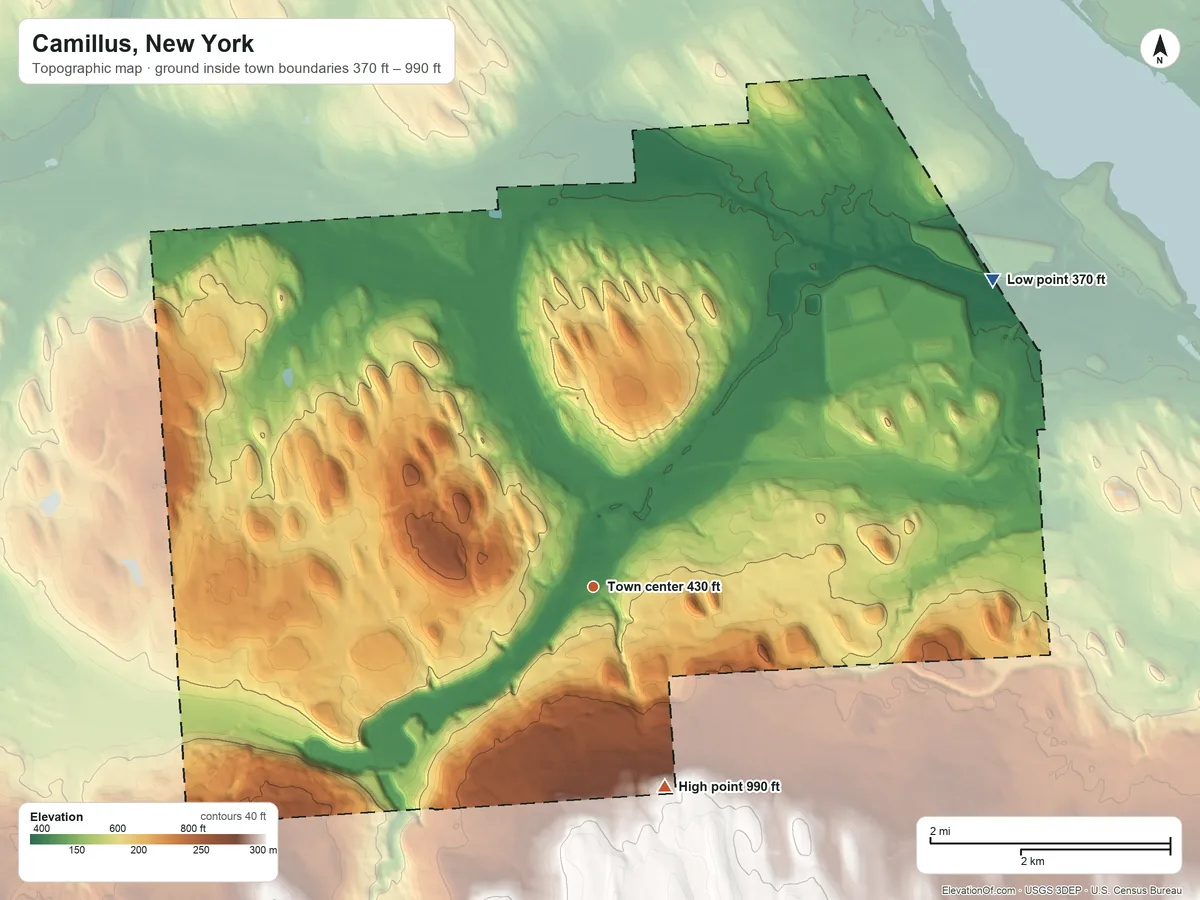 Topographic elevation map of Camillus, New York, shaded from 370 ft on the northeast side to 990 ft on the south side