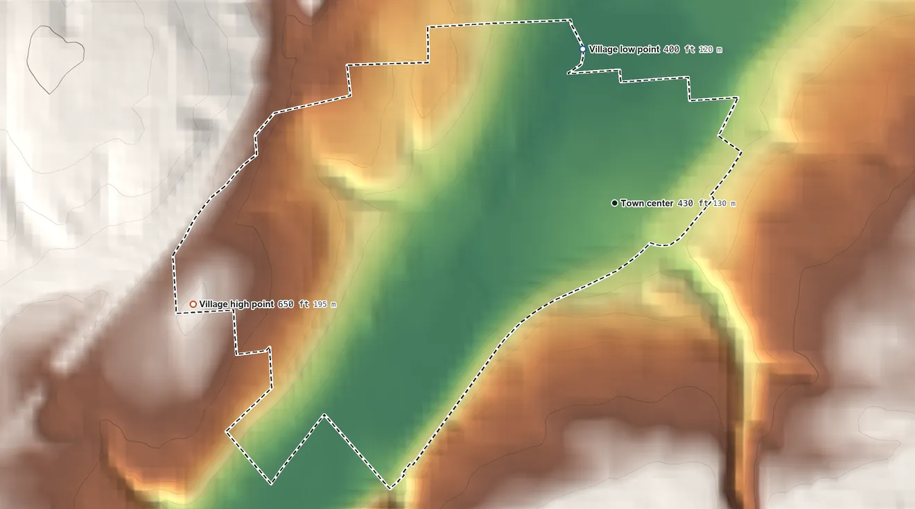 Topographic elevation map of Village of Camillus, New York, shaded from 400 ft on the north side to 650 ft on the west edge, below higher ground just outside