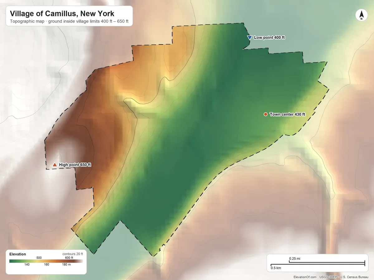 Topographic elevation map of Village of Camillus, New York, shaded from 400 ft on the north side to 650 ft on the west edge, below higher ground just outside