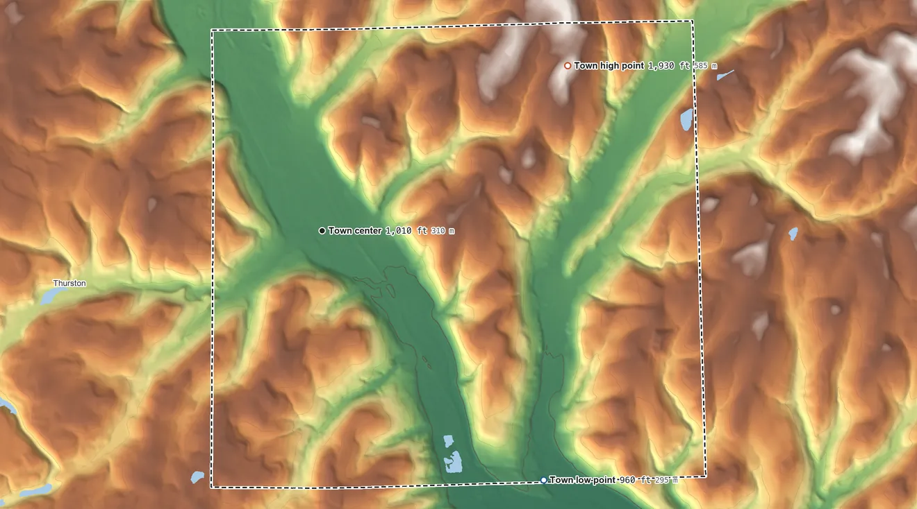 Topographic elevation map of Campbell, New York, shaded from 960 ft on the southeast side to 1,930 ft on the northeast side