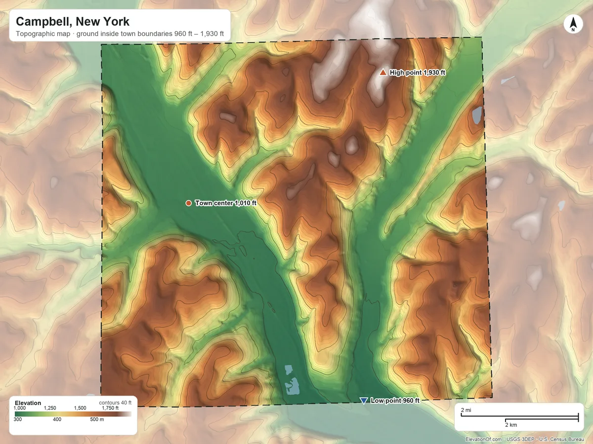 Topographic elevation map of Campbell, New York, shaded from 960 ft on the southeast side to 1,930 ft on the northeast side