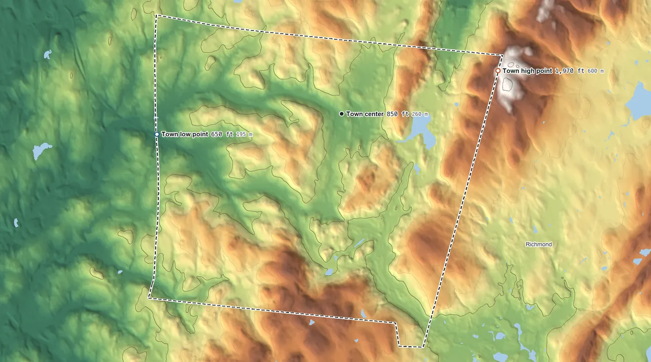 Topographic elevation map of Canaan, New York, shaded from 650 ft on the west side to 1,970 ft on the east side