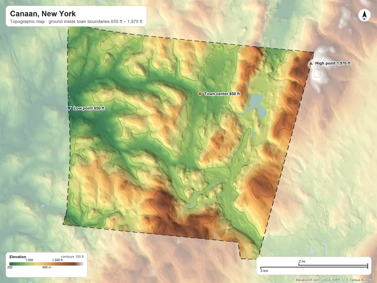 Topographic elevation map of Canaan, New York, shaded from 650 ft on the west side to 1,970 ft on the east side