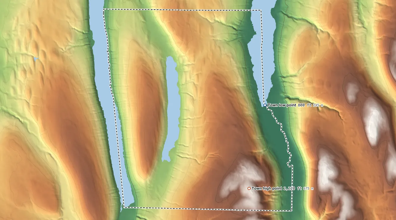 Topographic elevation map of Canadice, New York, shaded from 800 ft on the east side to 2,220 ft on Canadice Hill