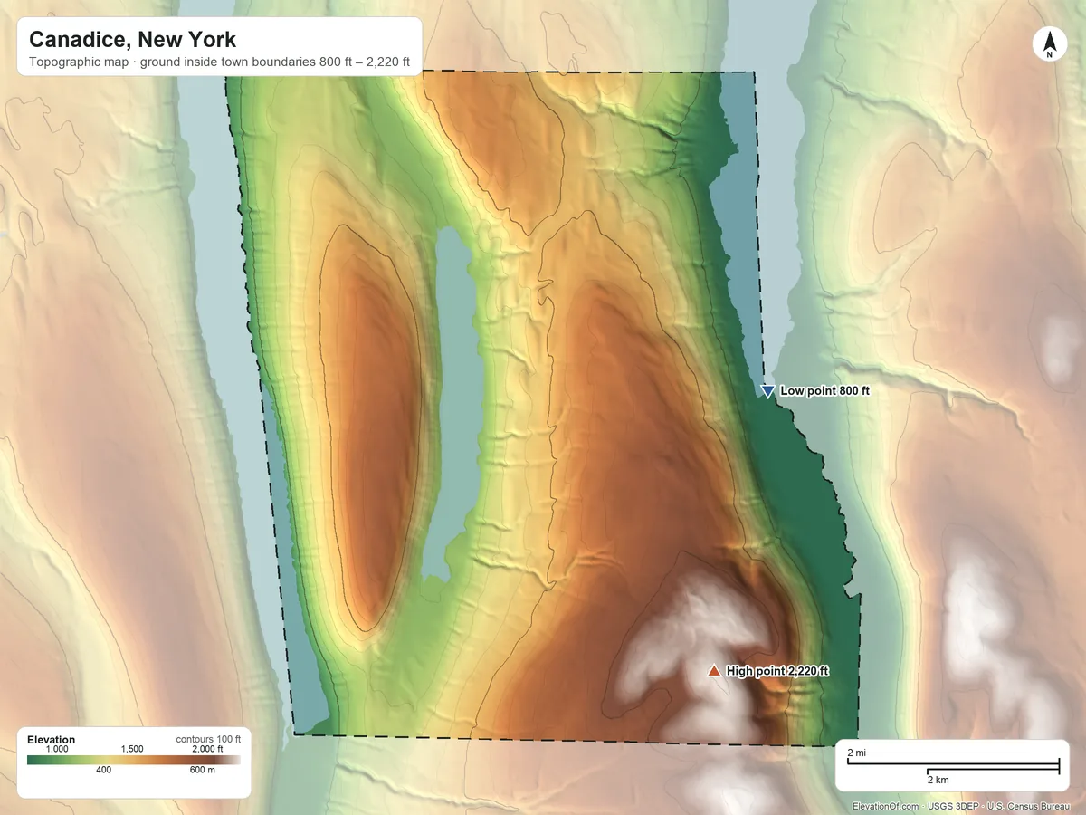 Topographic elevation map of Canadice, New York, shaded from 800 ft on the east side to 2,220 ft on Canadice Hill