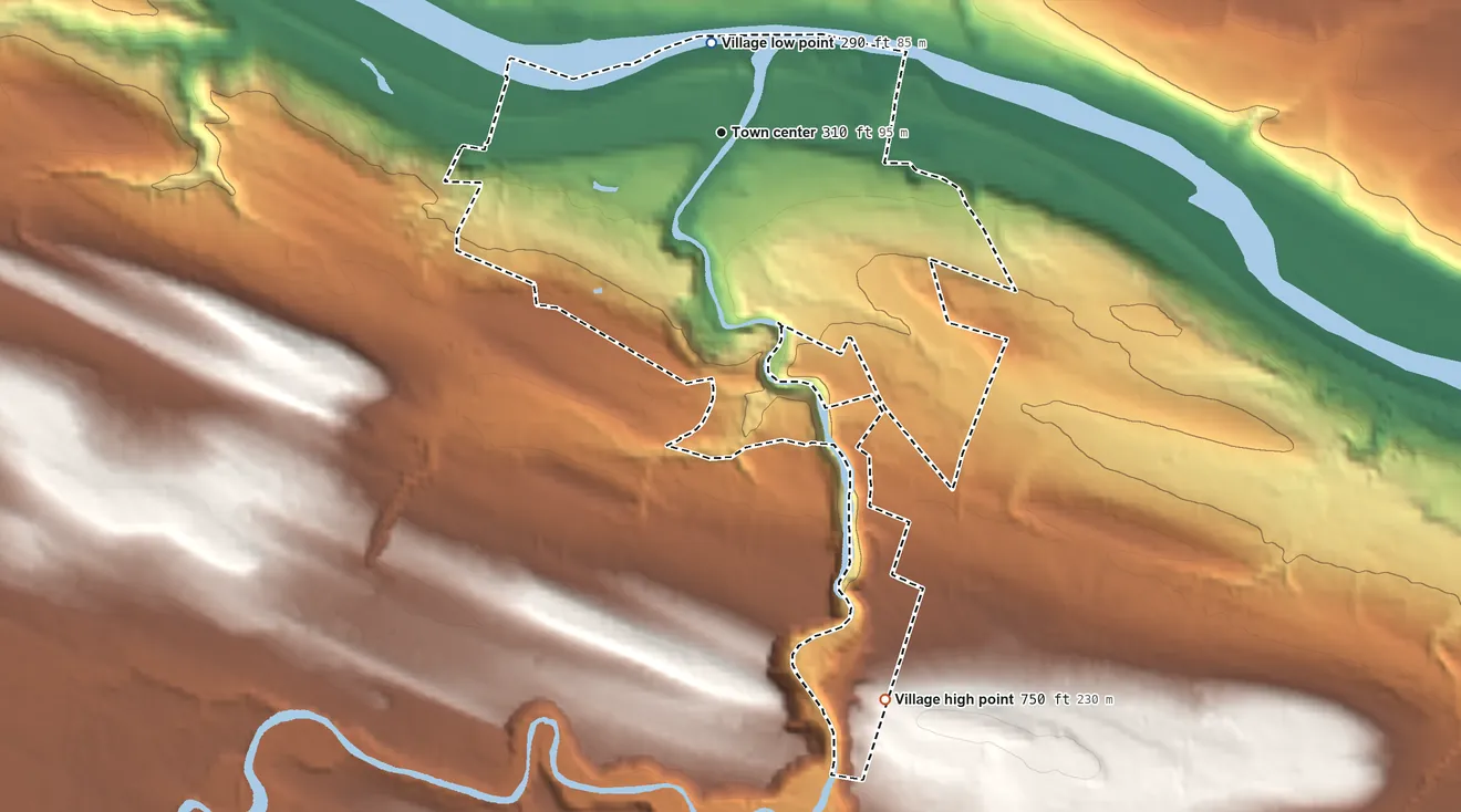 Topographic elevation map of Village of Canajoharie, New York, shaded from 290 ft near the middle to 750 ft on the south side