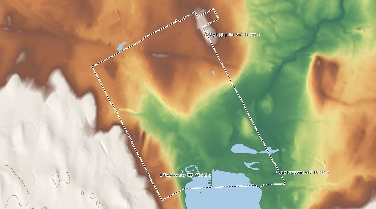 Topographic elevation map of City of Canandaigua, New York, shaded from 680 ft on the east side to 840 ft on the north side